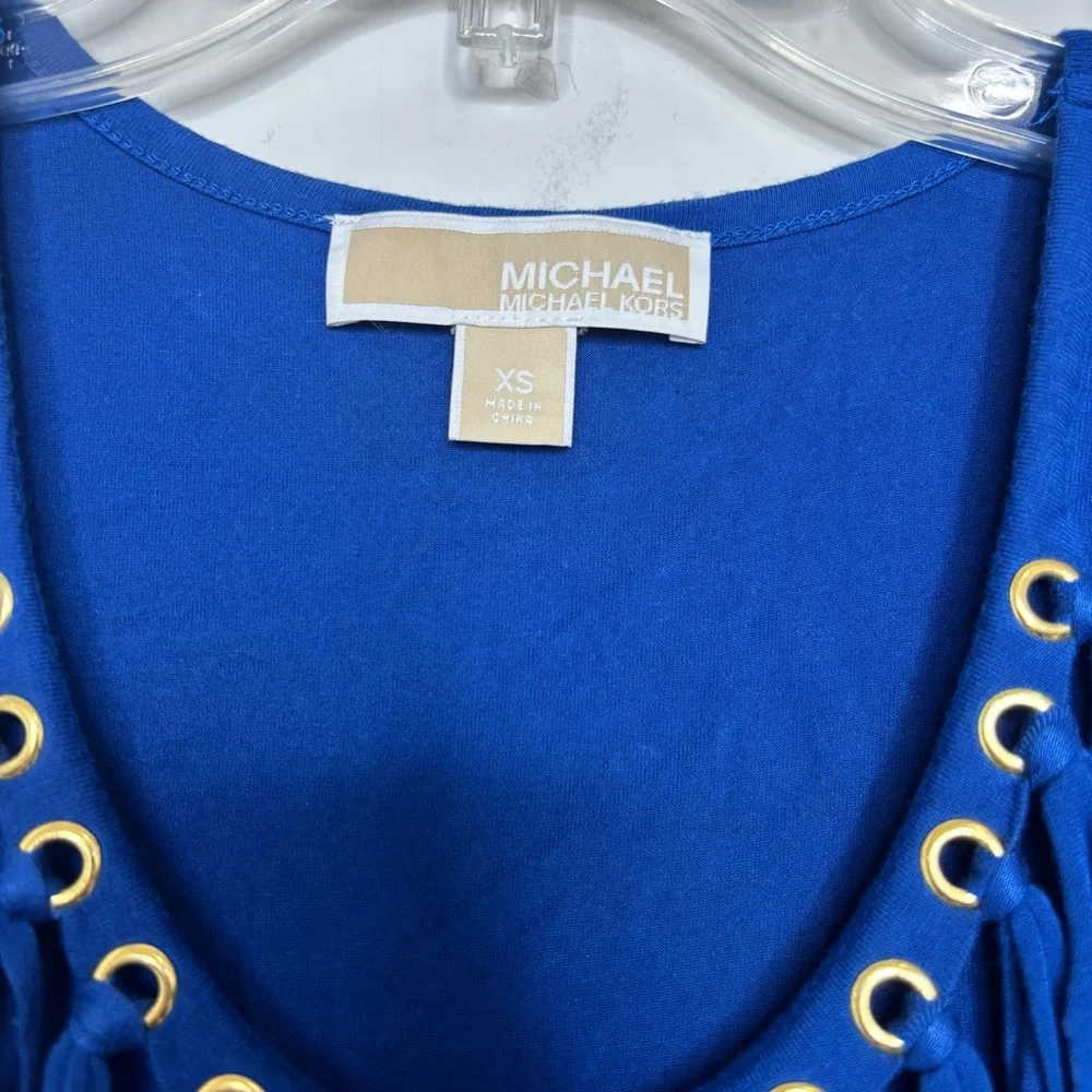 BN5 Michael Kors Boho‎ Western Fringe Viscose Royal Blue Jersey Women XS